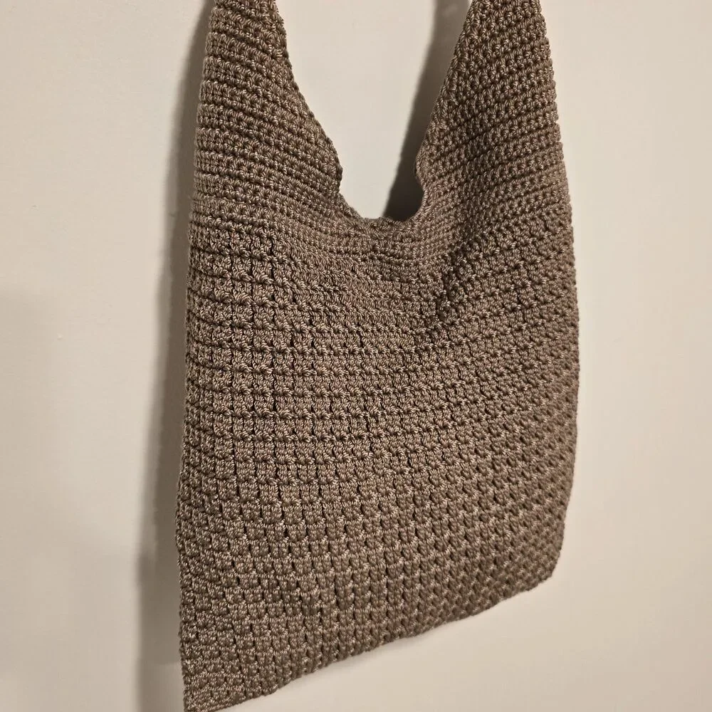 Vintage Knit Woven Hobo Bag Brown Taupe Crochet Crossbody Boho Hippie 90s Y2k